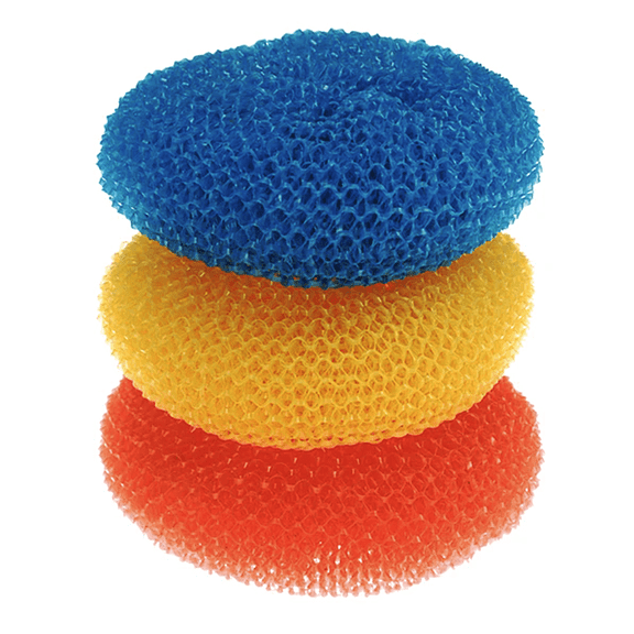 LOLA Plastic Mesh Scouring Pads - 3 Pack, 3.375" x 1.25", Non-Scratch Scrubbers to Clean Dishes, Assorted Colors - 1 Red, 1 Blue & 1 Yellow