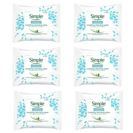 Pack of (6) Simple Water Boost Hydrating, Cleansing Face Wipes, 25 Ounce