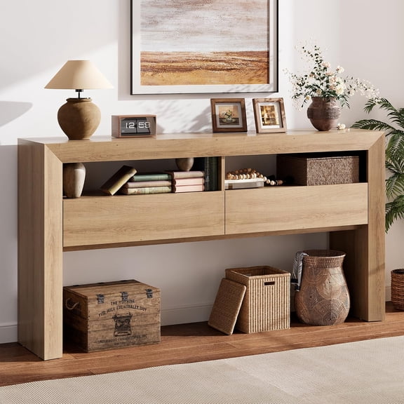 63" Long Console Table with 2 Drawers - Farmhouse Entryway Table with Open Storage Shelves, Narrow Sofa Table Behind Couch for Living Room, Hallway, Foyer