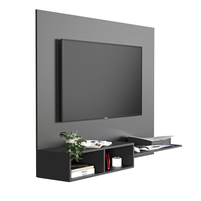 Moru Mueble para TV PANORAMA Negro, Panel Flotante con Repisas, Centro de Entretenimiento, Mueble para Sala, Mueble Organizador