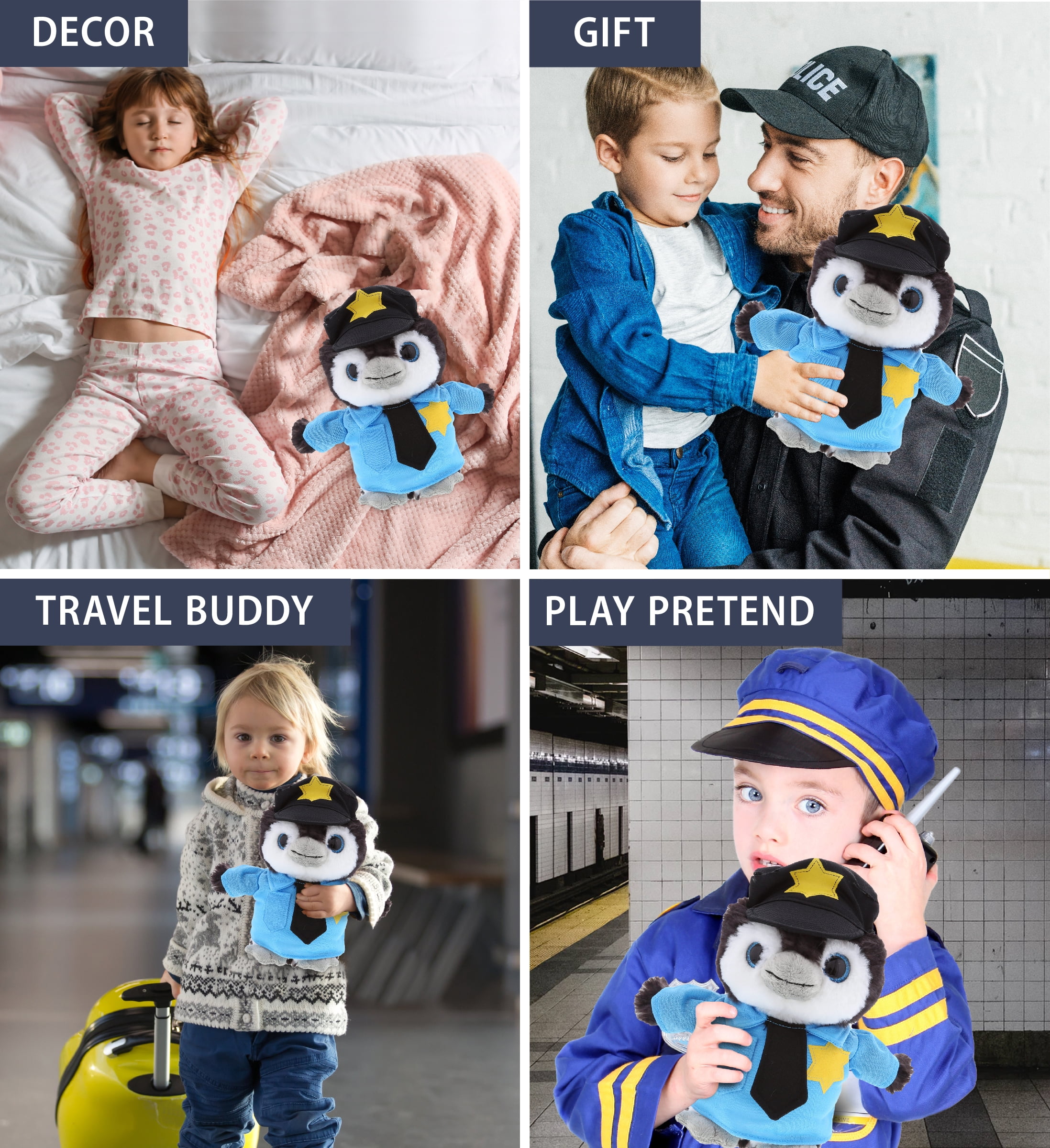 DolliBu Grey Penguin Police Officer Plush Toy with Cute Cop Uniform - 9 inches