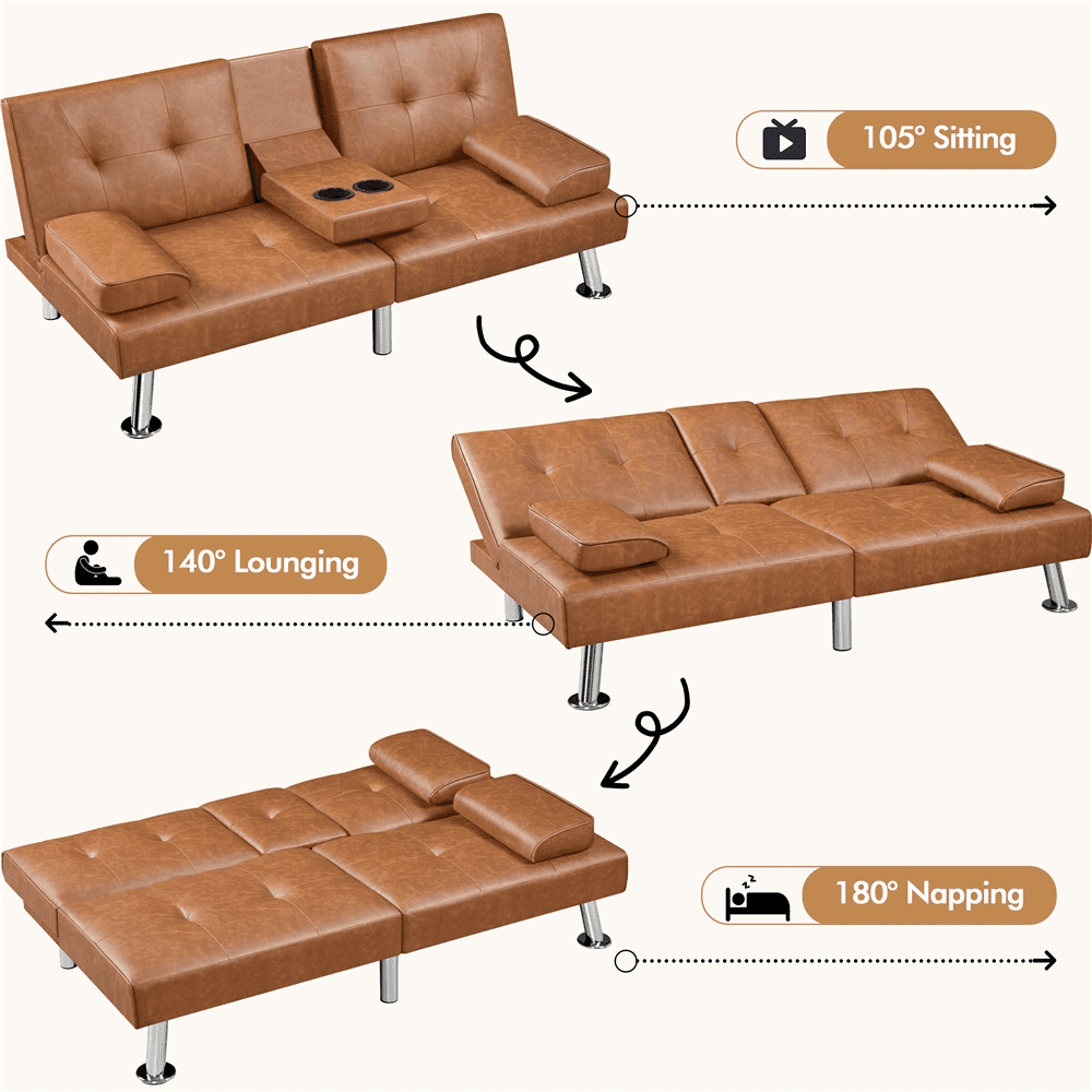 Renwick Modern Faux Leather Futon Sofa Bed Convertible Folding Couch with Cup Holders, Brown