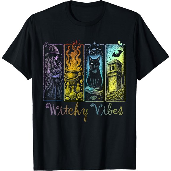 Velto Witchy Vibes Witch Black Cat Cauldron Bats Witchy T-Shirt All Size S-5XL