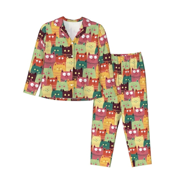 Balery Cute Cartoon Cat Conjunto de Pijama con Estampado para Mujer, Conjunto de Dos Piezas con Manga Larga, Ropa de Dormir Suave con Bolsillos, Pijamas Cómodos-Large