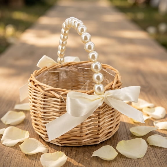 Wicker Rattan Flower Girl Basket with Pearl Handle & Bows – Wedding Basket for Petals, Home Decor, Rustic Gift