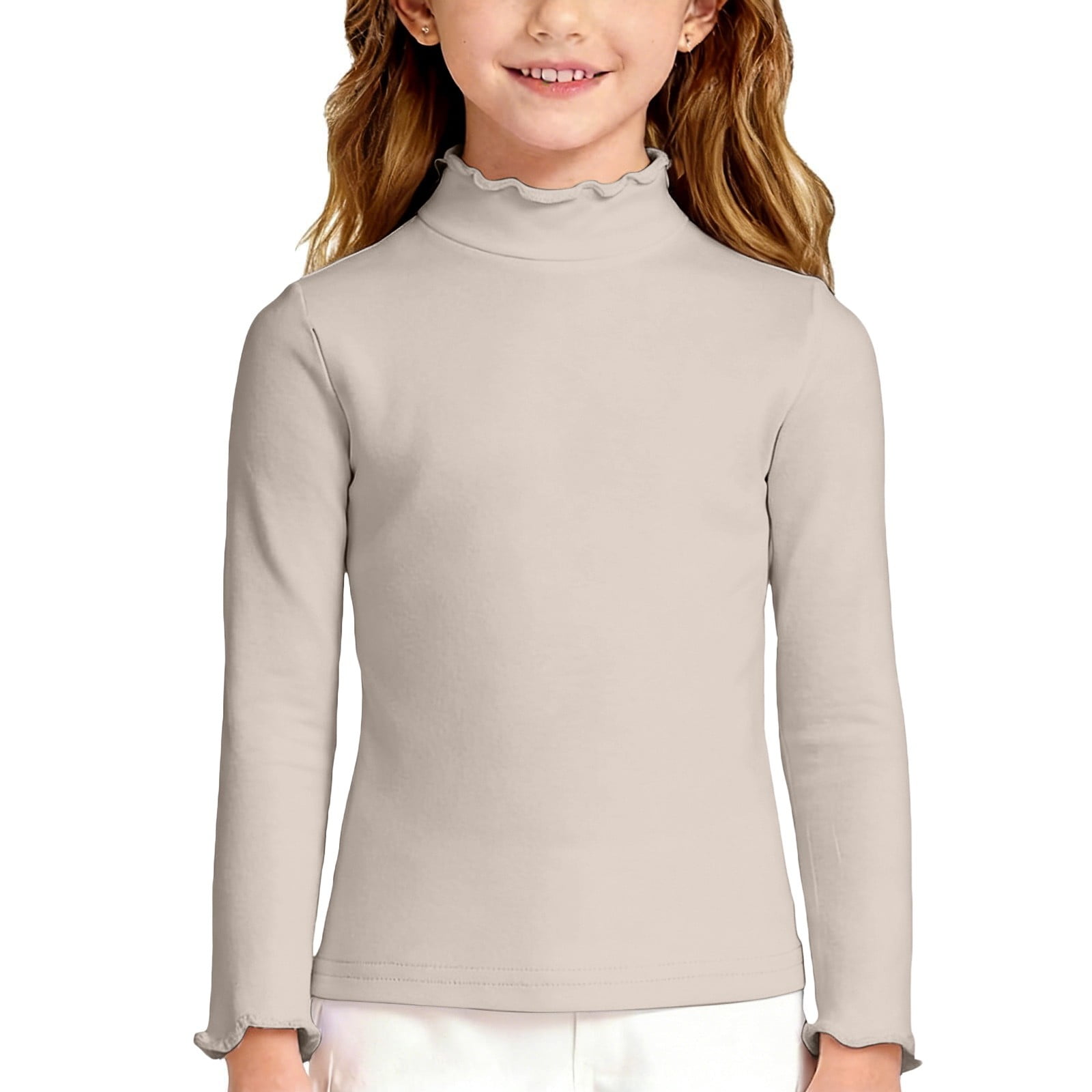 Fgnfyis Girls Long Sleeve Shirts Soft Top with Neck Lace Cozy Brushed Tee for Toddler Kid Girls Summer Tops Khaki 8-9 Years