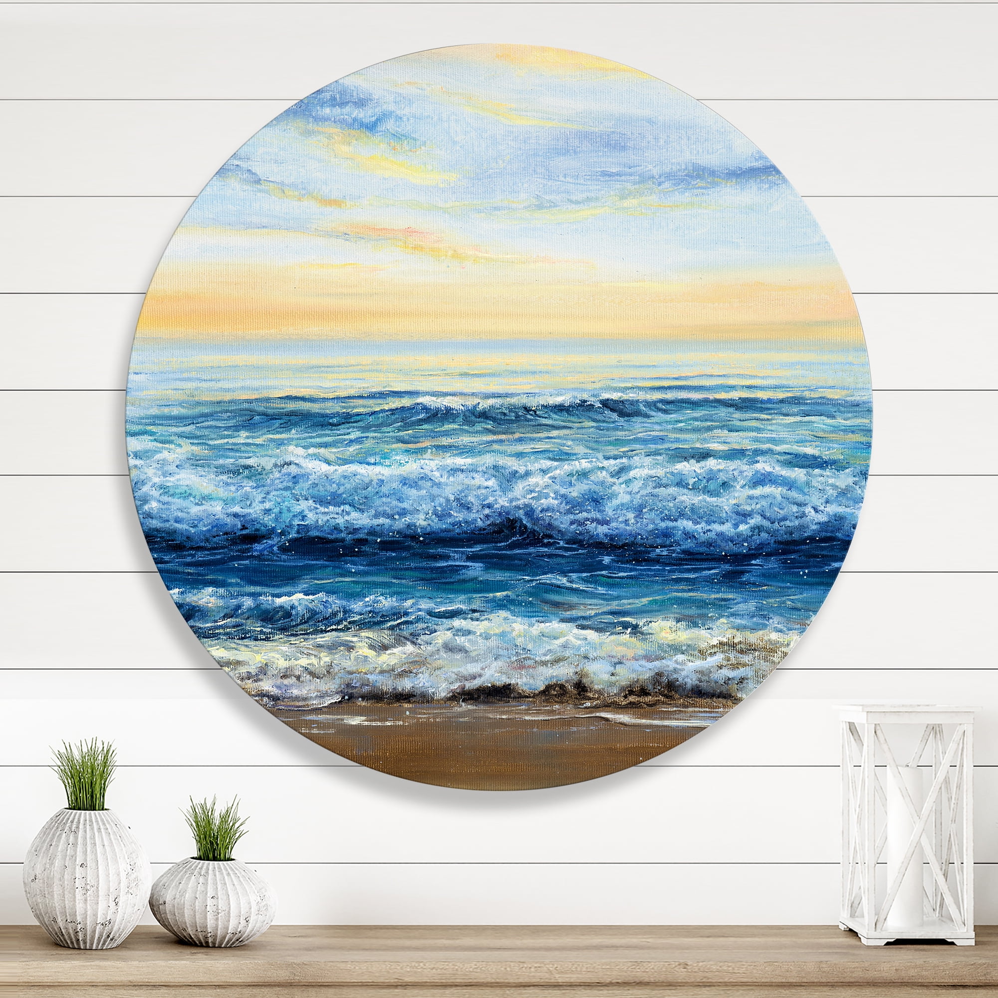 Ocean Waves At Sunrise 11 in x 11 in Painting Art Prints, by Designart