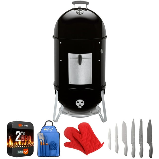 Weber 721001 Smokey Mountain Cooker Smoker 18" Bundle with 2 YR CPS Enhanced Protection Pack, Deco Essentials 3pc BBQ Tool Set, Pair of Red Oven Mitt and Cuisinart 12pc Knife Set