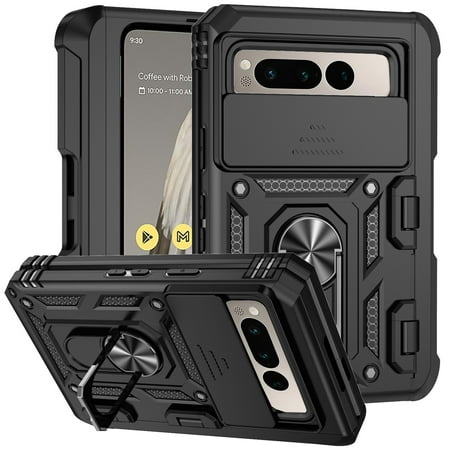 for Google Pixel Fold Case, Soft TPU & Hard PC Anti-scratch Sliding Cover Full Protection Ring Stand Rotating Kickstand Holder Magnetic Shockproof Phone Case Cover for Google Pixel Fold, Black