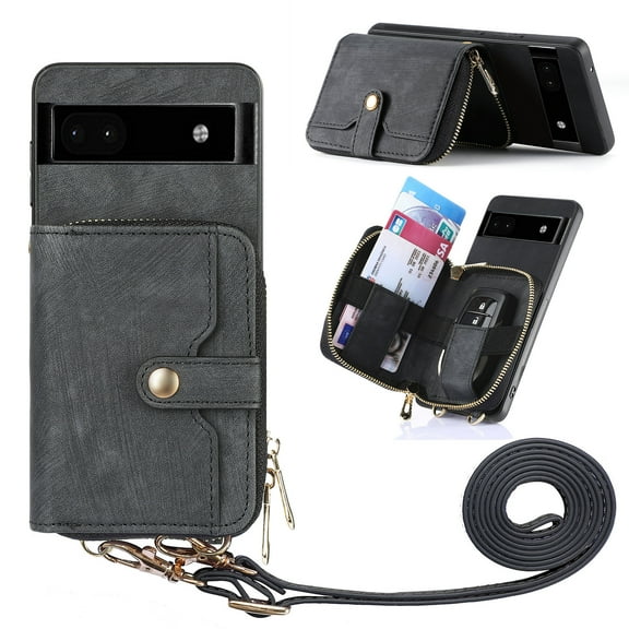 for Google Pixel 6a Wallet Case, Crossbody Phone Purse with Card Holder for Women, Zipper PU Leather Carrying Cover Gift with Shoulder Strap Kickstand Anti-drop for Google Pixel 6a - Black
