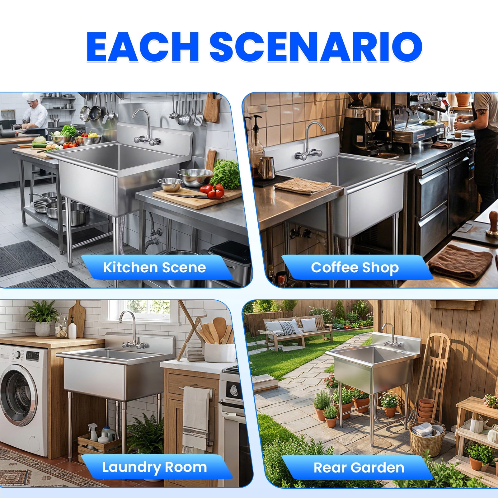 Muweixin 27" 304 Stainless Steel Freestanding Utility Sink with Backsplash, Deep Single Bowl Commercial Sink for Kitchen Restaurant Outdoor