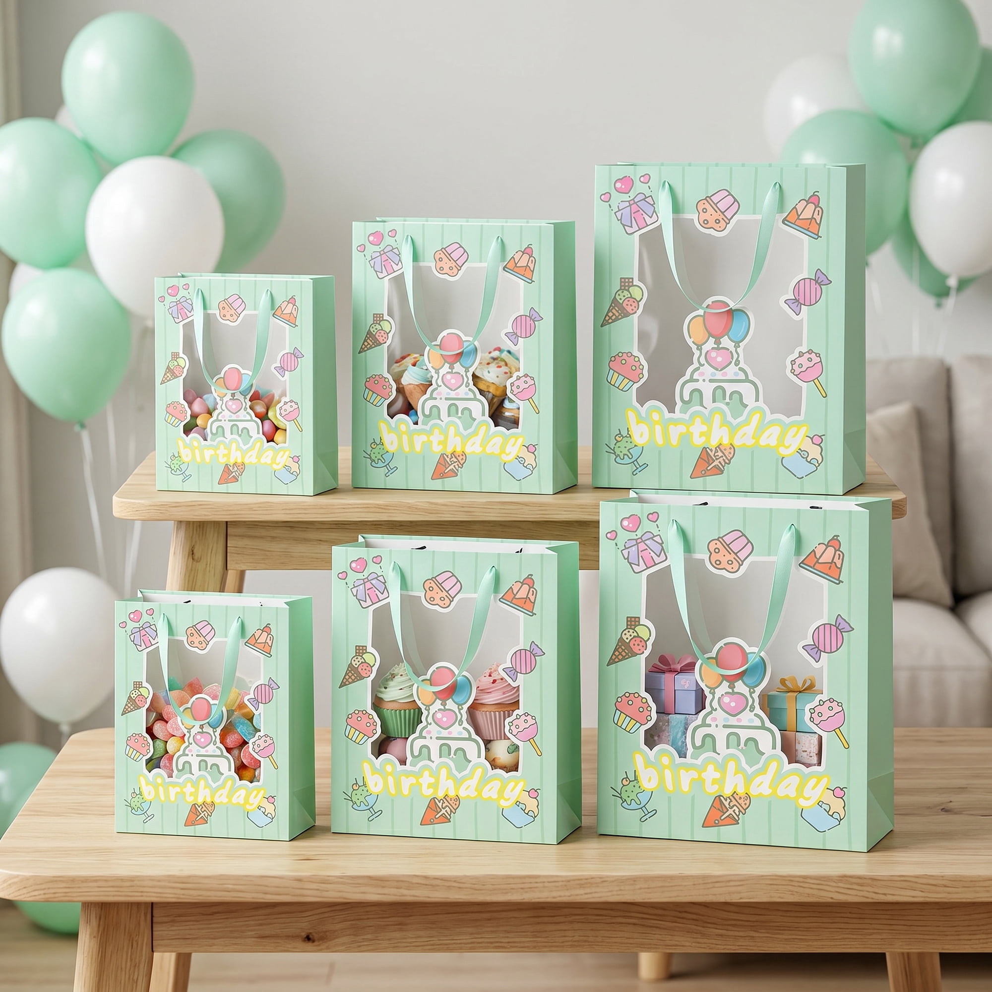 Unique Bargains 6Pcs Colorful Cartoon Gift Bags Green 9.8" x 4.7" x 13"