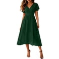 thumbnail image 2 of Women's Summer Chiffon Midi Dress Flutter Sleeve Wrap V Neck A Line Flowy Long Dress Wedding Guest Party Dress Beach Vacation Sundress Army Green, 2 of 6