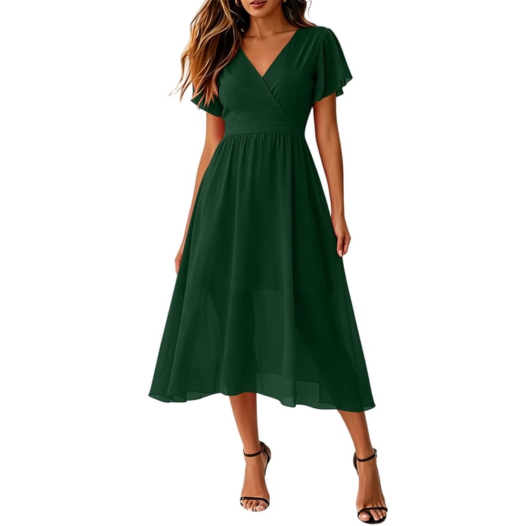 Asdoklhq Formal Dresses for Women Tea Party Dresses Waist-Tied V-NeckPleated Sleeve Chiffon Dress Army Green M, Women's, Size: Medium
