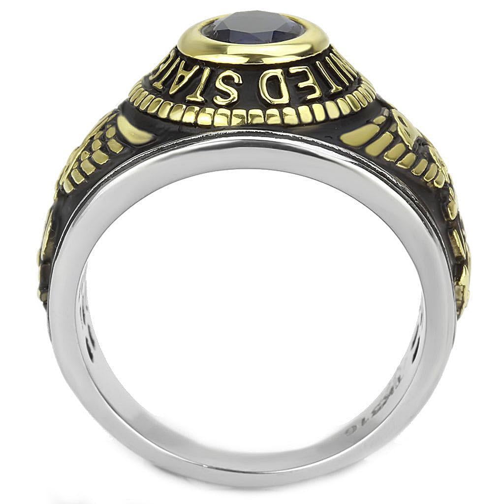 US Navy Ring for Men and Women Unisex Stainless Steel Military Patriotic Ring in Black Gold with Blue Stone