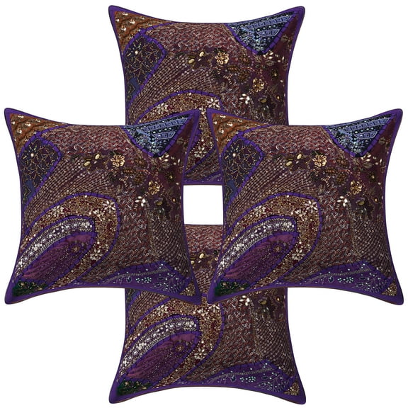 Stylo Culture Ethnic Cotton Living Room Throw Pillow Sham Covers Purple 16 x 16 Bohemian Beaded Sequins Patchwork Embroidered Couch Cushion Covers 40x40 cm Home Decor Square Pillow Cases | Set Of 4