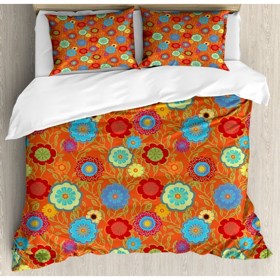 Floral Duvet Cover Set, Continuous Art Abstract Flowers and Outline Curls Leaves Print, Decorative 3 Piece Bedding Set with 2 Pillow Shams, Queen Size, Burnt Orange Multicolor, by Ambesonne
