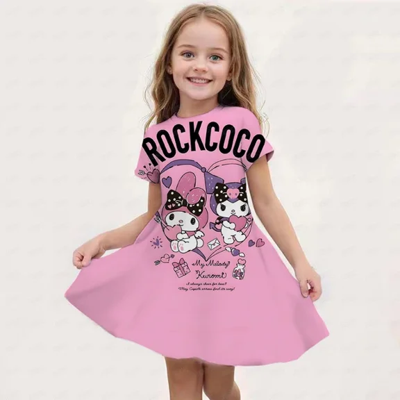 Summer Hot Sale Hello Kitty Full Print Girl Dress KID Pink Cartoon Pattern Party Short Sleeve Parent-Child Dress tzw