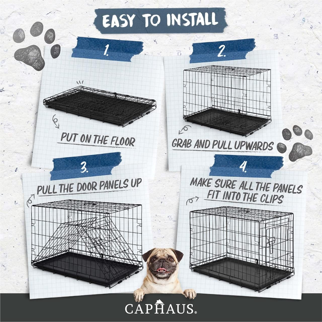 CAPHAUS Foldable Dog Crate Wire Metal Dog Kennel w/ Leak-Proof Pan & Protecting Feet & Divider Panel, Single or Double Door, Small, Medium & Large Dog Crate Indoor Wire Dog Cage, 30” w/ Single Door