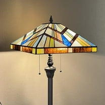 Tiffany Floor Lamp Mission Style Blue Stained Glass Floor Light for Reading Antique 16" Double Light Standing Lamp for Living Room Bedroom Home Office