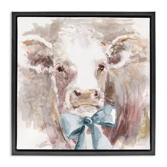 Stupell Industries Soft Abstract Cow & Bow Animals Painting Black Floater Framed Canvas Art Print Wall Art, 18 x 18