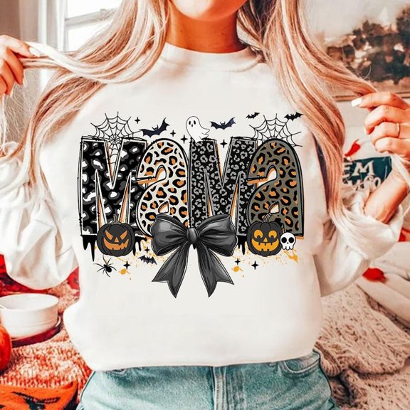 Halloween Mama Sweatshirt, Spooky Season Leopard Print Shirt, Scary Cute Coquette SWEAT Sweatshirt for Moms, Trendy Fall Spooky Mama Top