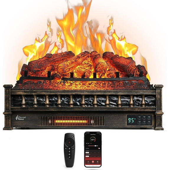 TURBRO Eternal Flame 26 in. WiFi Infrared Quartz Electric Fireplace Log Heater with Sound Crackling, Realistic Pinewood Logs, Adjustable Flame Colors, Remote Control, Thermostat, Timer, 1500W Bronze