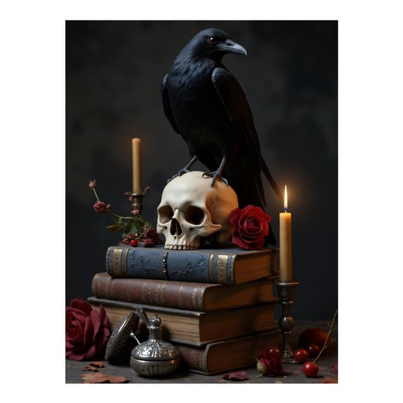 Diamond Art Kits for Adults, Raven Skull Books Candle Roses 5D Diamond Painting Kits for Adults Beginners, DIY Full Drill Diamond Painting, Gem Art and Crafts 12x16