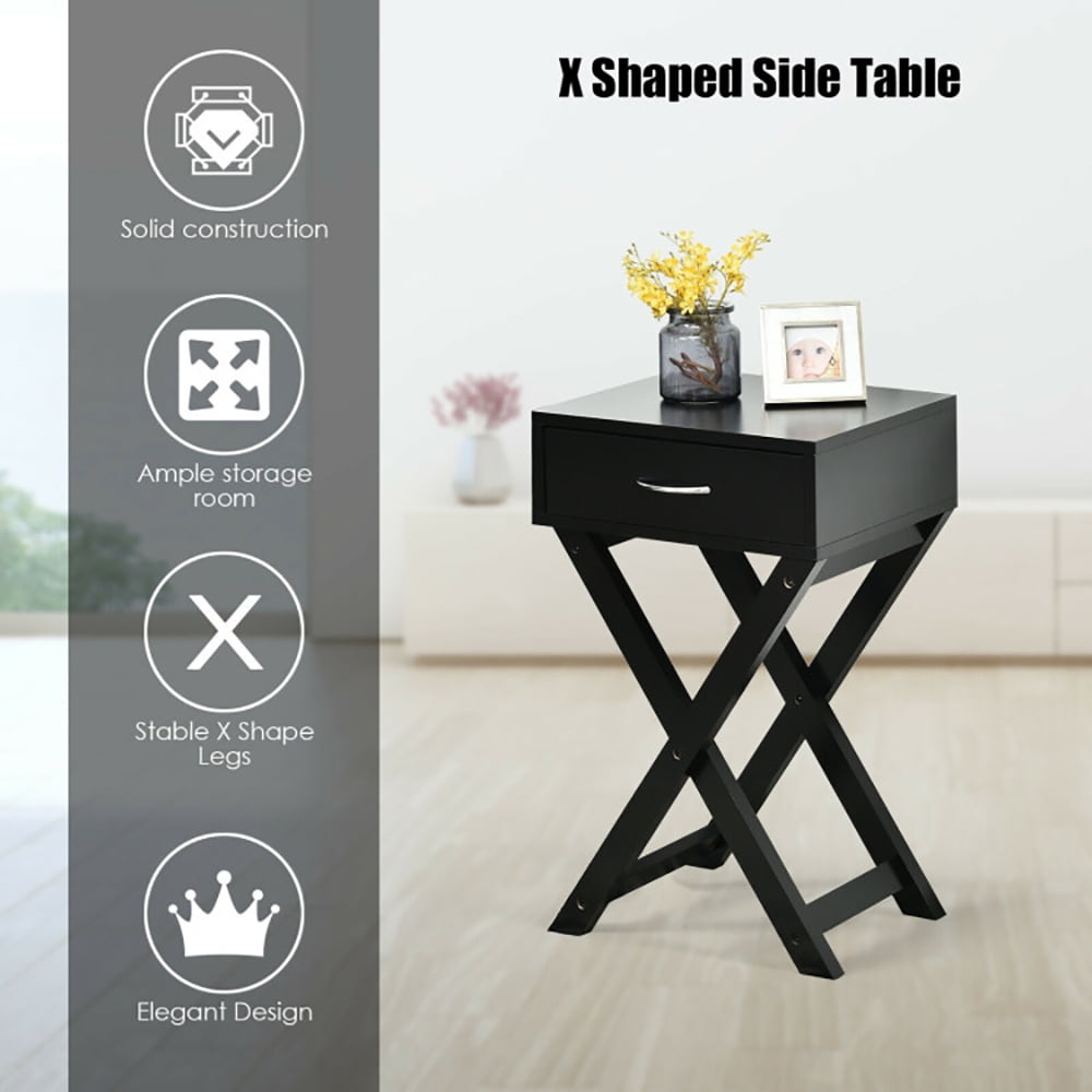 Finihen End Table, Design Sofa Side Table with X-Shape Drawer, Sofa Side Table, Bed Side Table, for Small Space, Living Room, Bedroom, Black Finihen End Table, Design Sofa Side Table with X-Shape Drawer, Sofa Side Table, Bed Side Table, for Small Space, Living Room, Bedroom, Black