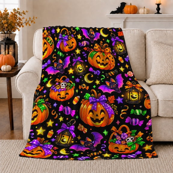 Cute autumn celebration Pumpkin Bat Pattern Living Room, Festive autumn celebration Scene, Warm Flannel Blanket for Living Room and Family Room, Art Lovers autumn celebration Gift, Festive Home Decor