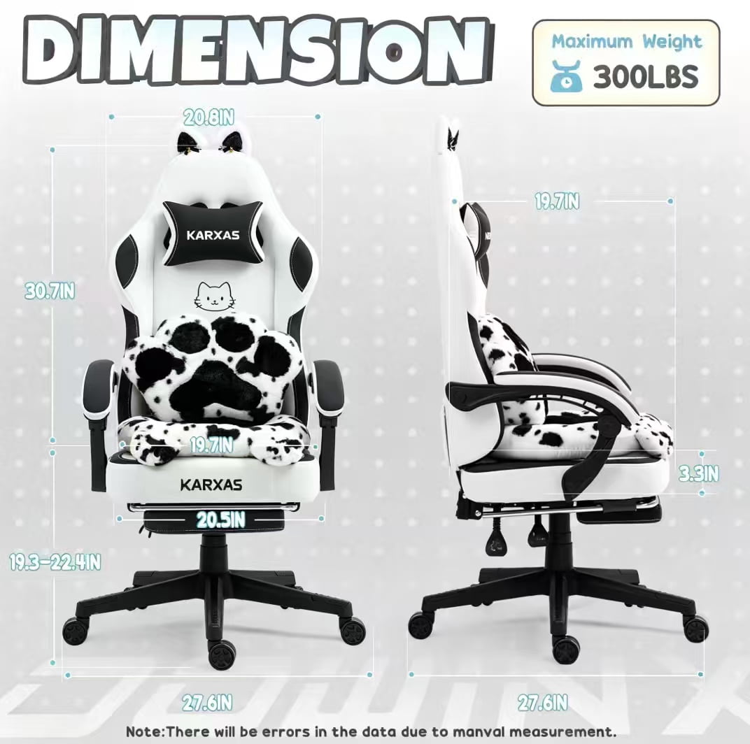 KARXAS Cute Cat Ear Gaming Chair with Paw Print Lumbar Support and Cushion, Ergonomic Computer Desk Chair with Footrest, Reclining PC Game Chair for Girls and Women, 300lbs, Black and White
