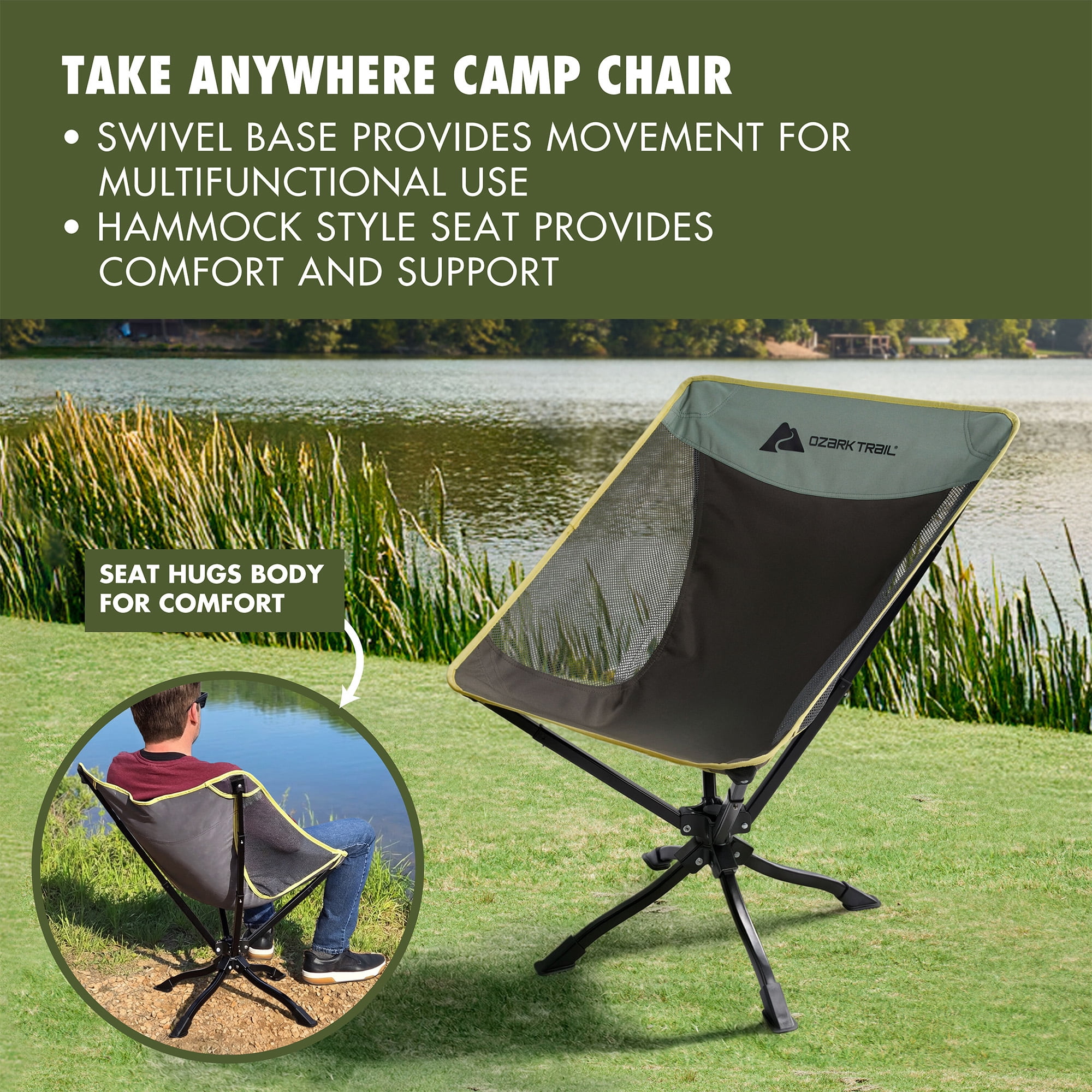 Ozark Trail Compact Camping Chair with 360-Degree Swivel Seat and Carry Bag