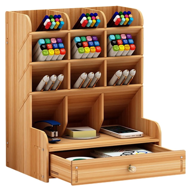 CIMAXIC Wooden Pen Holder Storage Box Large Capacity Creative Fashion Simple Multi-Divided Pen Holder Office Desktop Storage Shelf (Cherry),10.04"X8.27"X5.91"