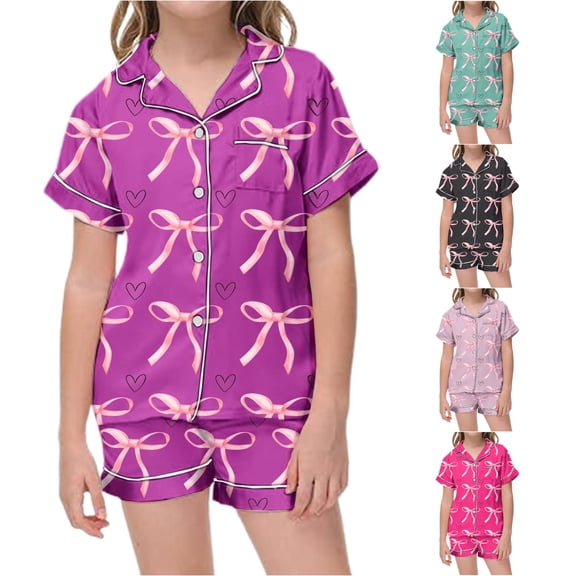 Weebloom Summer Pajamas For Girls Cute Bow Set Soft Pajamas Short Sleeve Button Down Tops Shorts Pajama Set Breathable For Kids Tween Sleepwear Nightwear Pjs Loungewear Purple 12-13 Years