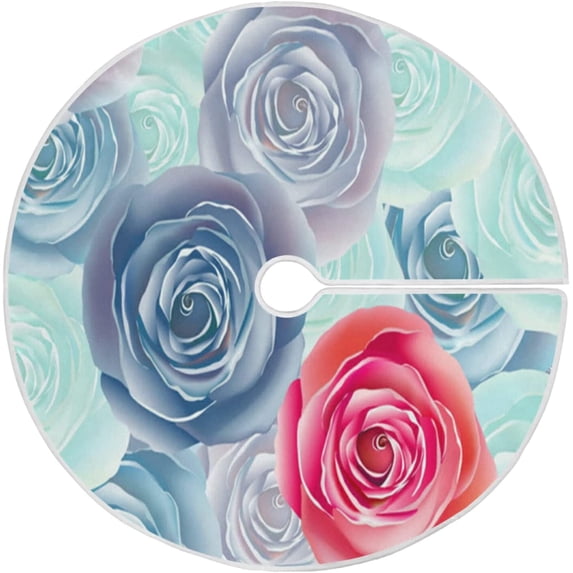 FMSHPON Valentine's Day Rose Blossom Xmas Christmas Tree Skirt Stand Mat for Holiday Party Decoration Indoor Outdoor 48 inches