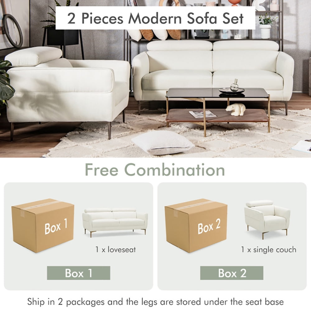 Finihen Sofa Set, Modern Sofa Couch, Modern Couched Sofa set with Adjustable Headrest, for Living Room, Bedroom, White