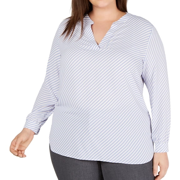 Anne Klein Womens Piazza Stripe Pullover Blouse, Blue, Plus Size, 0X