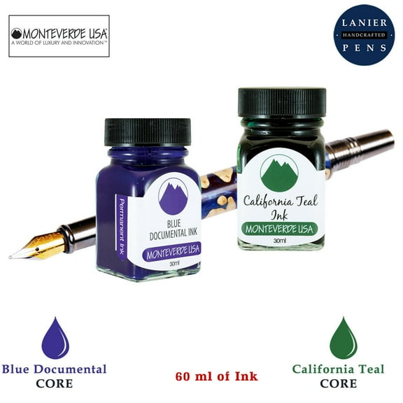 Monteverde 60ml Core Fountain Pen Ink Bottle (30ml Blue Documental Ink Bottle G309DU, 30ml California Teal Ink Bottle G309CT)