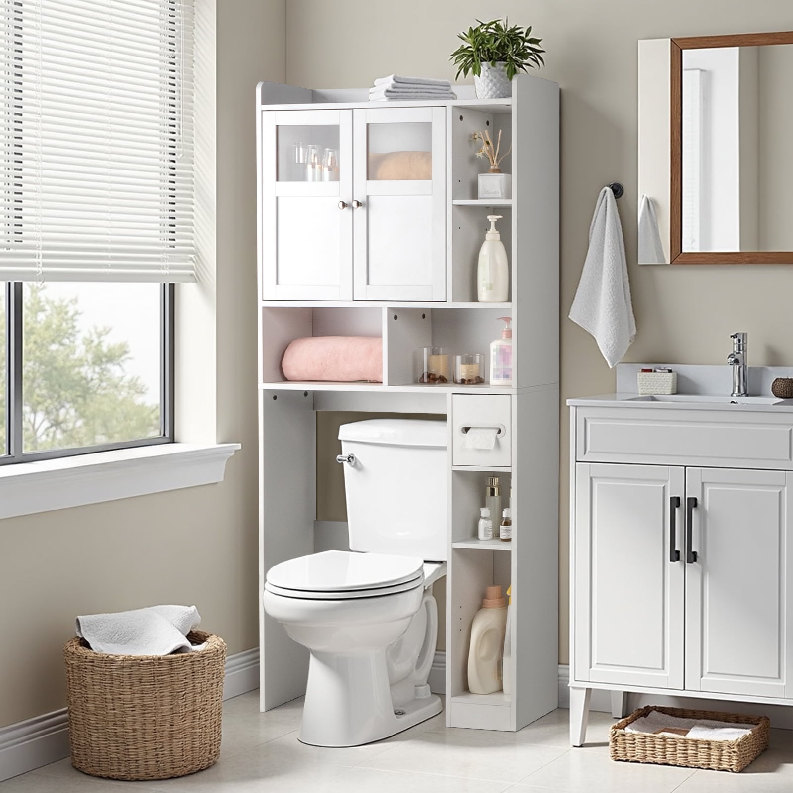 Zimtown Over the Toilet Bathroom Storage Cabinet with 2 Doors and 3 Storage Shelves& Side Storage, White