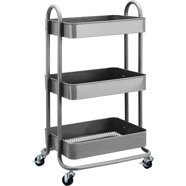 Carrito de Almacenamiento de Metal, Carrito de 3 Niveles con Ruedas, Estantes de Almacenamiento, Organizador de Utilidad, Organizador con 2 Ruedas Cerradura y Asas, Ahorrar Espacio (Gris)