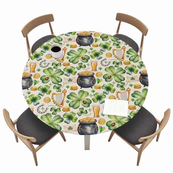 St. Patrick's Day Fitted Tablecloth with Elastic Edged, Round Table Cloth for Dining Table, Lucky Shamrocks Retro Harp Beer Horseshoes Waterproof Oil Proof Table Cover for Indoor Outdoor 36"-44"