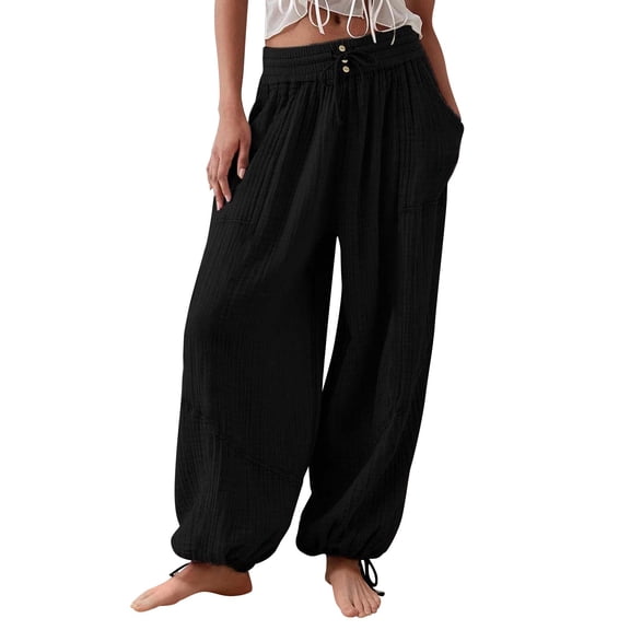 CIENVNSTG Women's Elastic High Waisted Cotton Linen Pants Solid Straight Leg Design Lightweight Breathable Summer Beach Style Trendy Radish Pants with Pockets for Daily Outfits Black 2XL