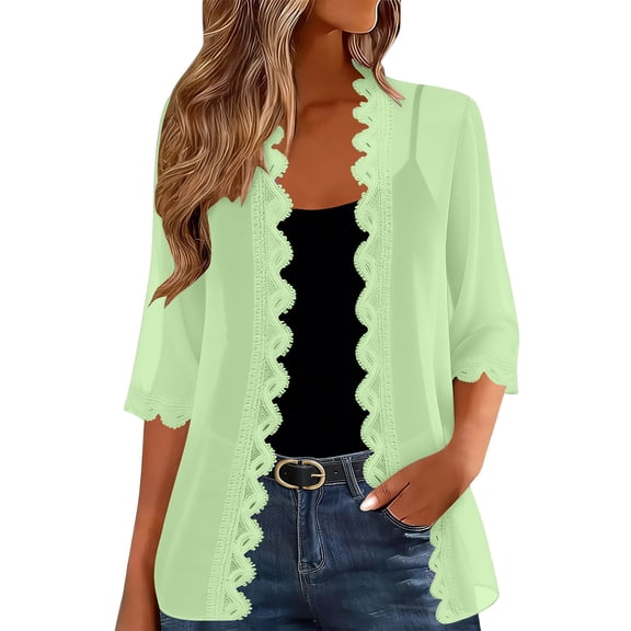 Turilly Womens Casual Lace Trim Chiffon Open Front Cardigans 3/4 Sleeve Lightweight Layering Shrug