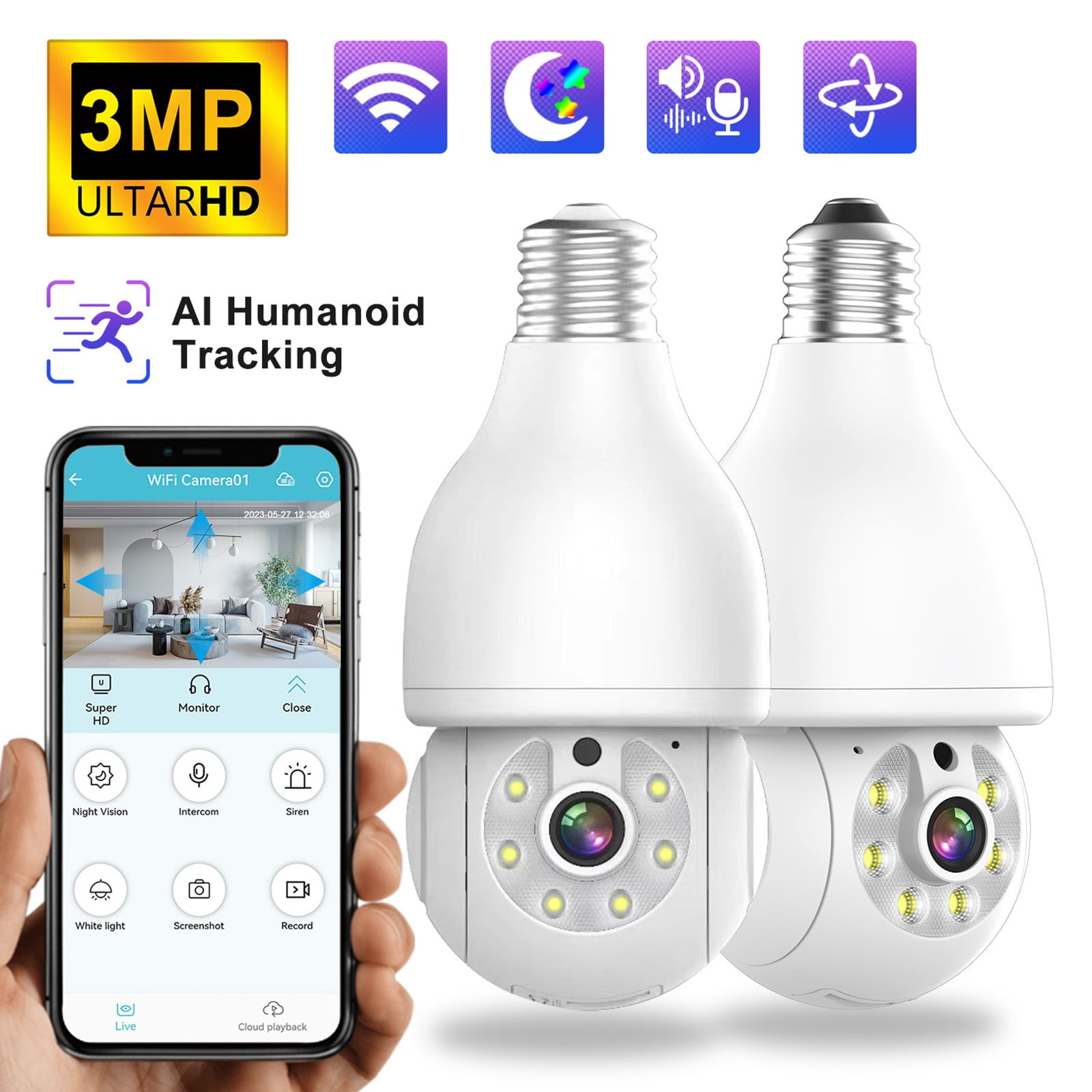 Skegnu 50% Off Clear! Indoor Security Camera 3MP HD WiFi Camera For Home Security Little Lamp Bulb Wireless Bobble Head Machine 2-Way Audio Ideal For Baby Monitor Cameras for Home Security