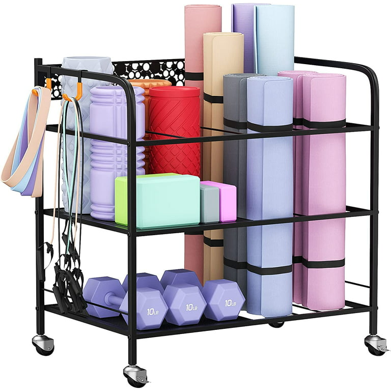 Arlifo Yoga Mat Storage Rack Basket Workout Equipment Home Gym Storage Rack  with Wheels Yoga Mat Holder Exercise & Fitness Organizer for Dumbbell