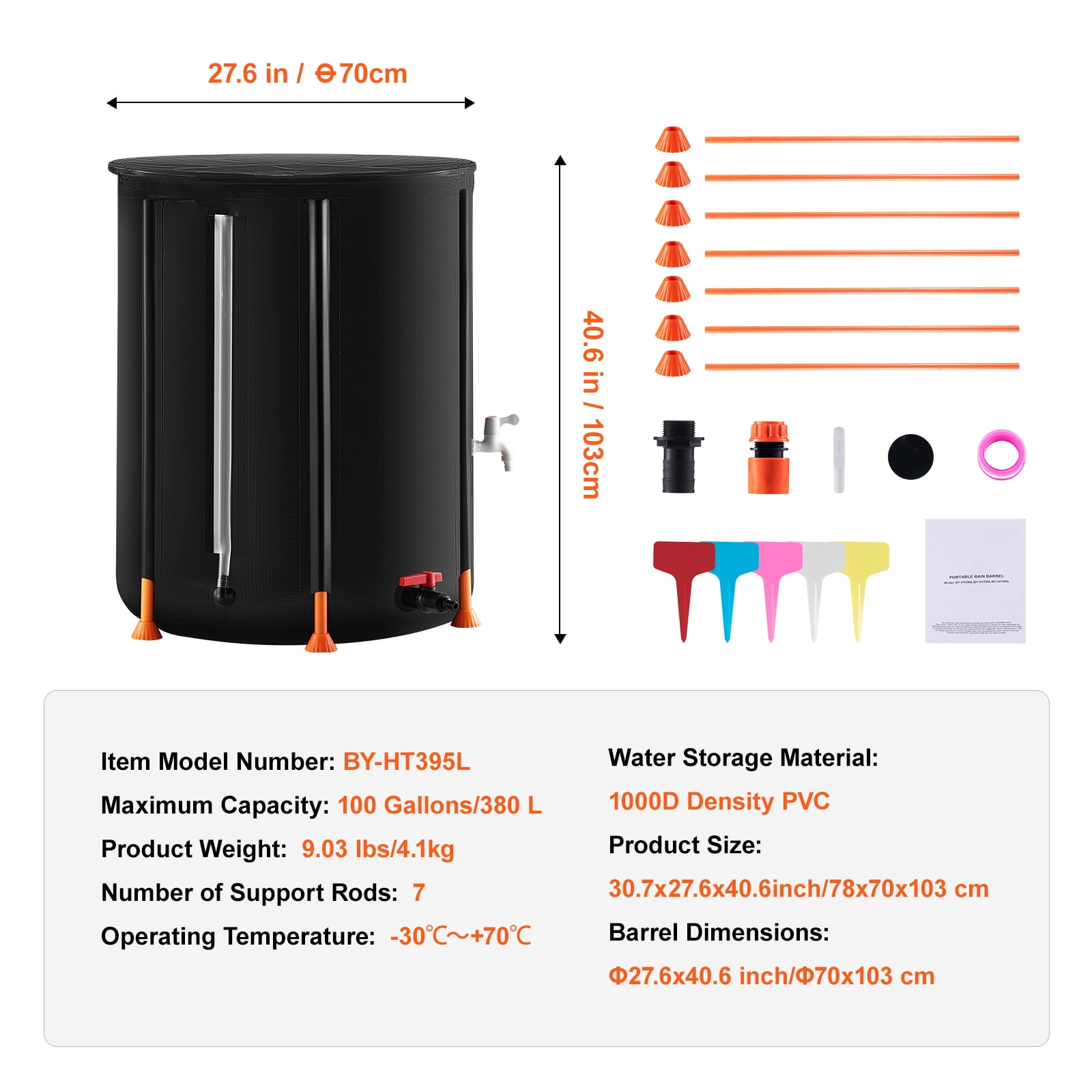 KFFKFF Foldable Water Barrel, 100 Gallon/380 L, Durable PVC Construction, Includes Spigots & Overflow Kit for Efficient Garden Irrigation