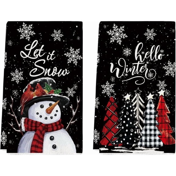 Red Snowman Let It Snow Xmas Trees Hello Winter Kitchen Towels Dish Towels, 16x24 Inch Daily Seasonal Christmas Decoration Hand Towels Set of 2