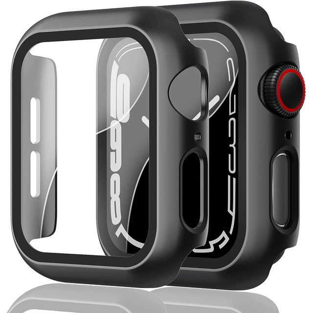 2 Pack Hard PC Case for Apple Watch Series 8/7 41mm Tempered Glass Screen Protector, Ultra-Thin All Around Protective Touch Sensitive Glass Screen Cover for iWatch Series 8/7 41mm, Black