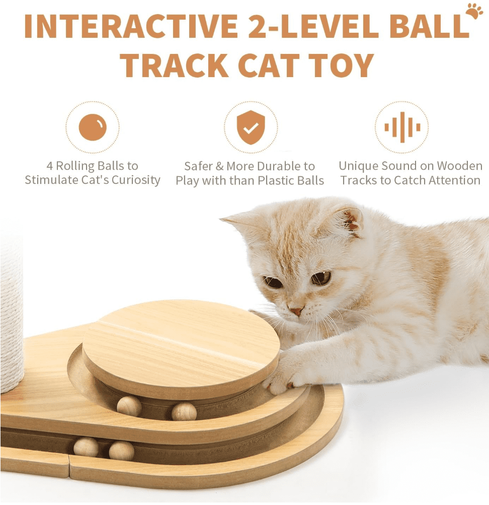 Cat Scratching Post Cat Scratcher Kitten Toys for Indoor Cats Wooden Ball Track Two-Layer Modern Sisal 23.4" Tall Scratch Post Interactive Toy with Dangling Ball Middle Size
