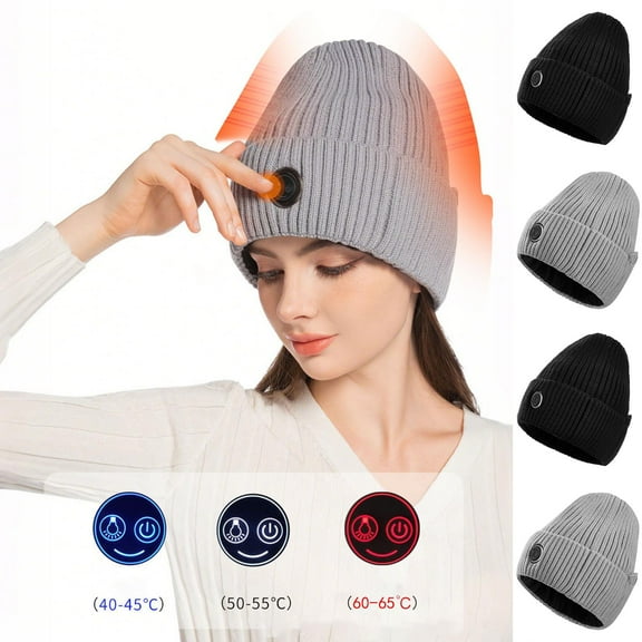 QQAMB Women Men Heated Beanie Hat,Electric Rechargeable Warm Winter Heated Fleece Cap